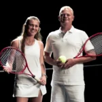 Photo of Courtney Webeck and Mick Leigh dressed in white tennis clothes, holding tennis rackets next to tennis net, with black background
