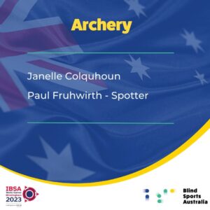 Tile of Australian Archery team list, on blue background with Australian flag.