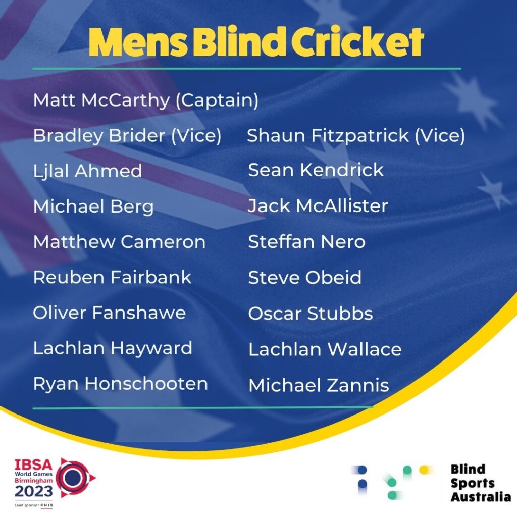 Tile of the Men's Blind Cricket Team for the IBSA World Blind Games, with names listed on a blue background with Australian Flag.
