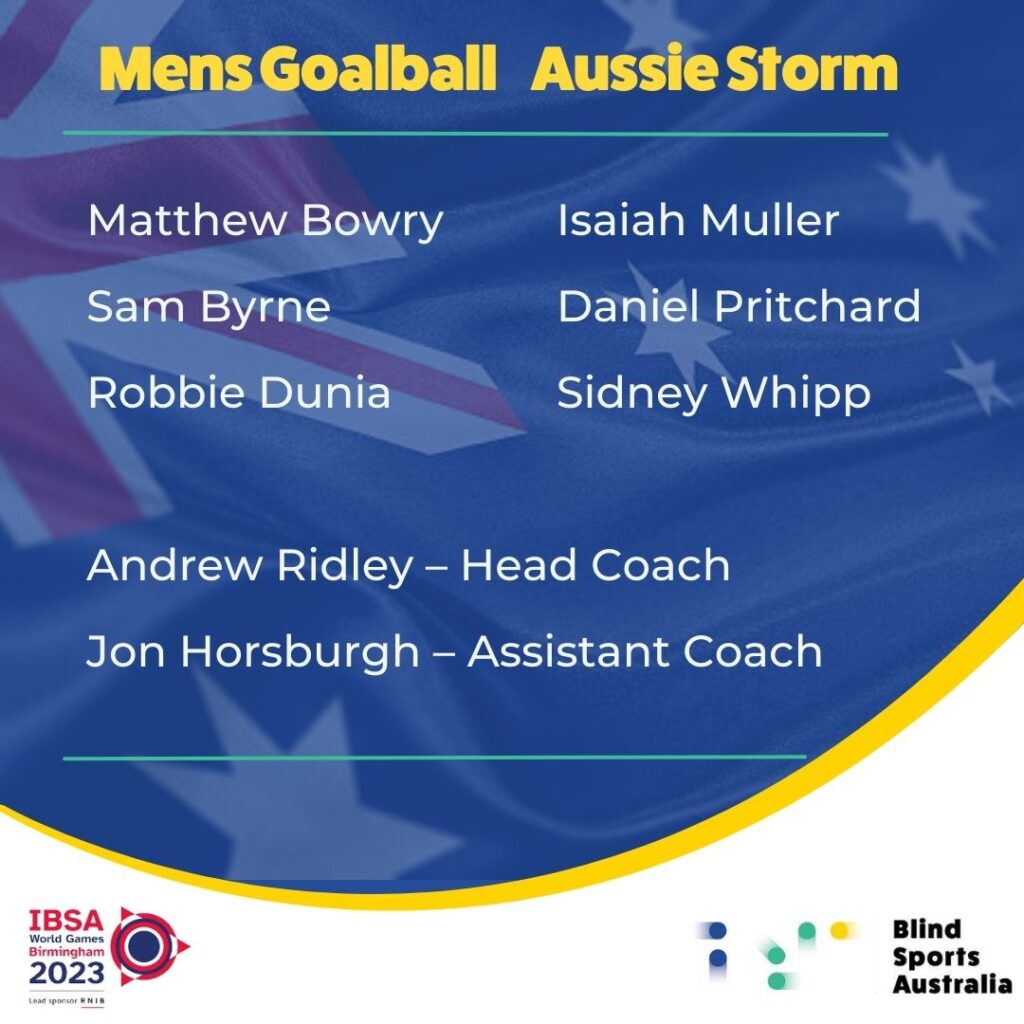 Tile of the Men's Goalball Team for the IBSA World Blind Games, with names listed on a blue background with Australian Flag.