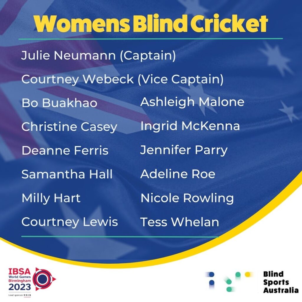 Tile of the Women's Blind Cricket Team for the IBSA World Blind Games, with names listed on a blue background with Australian Flag.