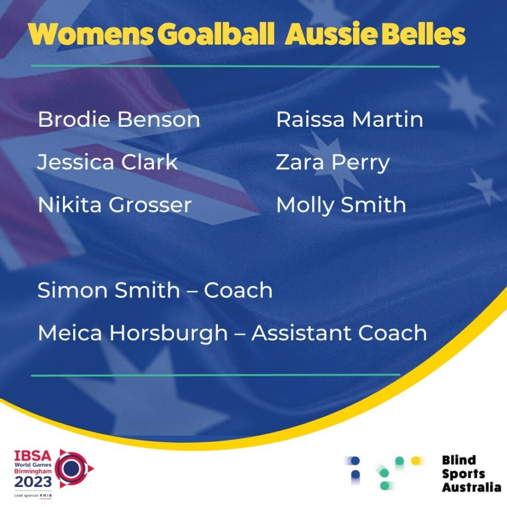 Tile of the Women's Goalball Team for the IBSA World Blind Games, with names listed on a blue background with Australian Flag.