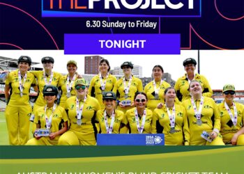 Image of Australian Women's Blind Cricket Team, lined up next to each other facing camera in playing uniform. Overlay has The Project in title and details about when show is on.