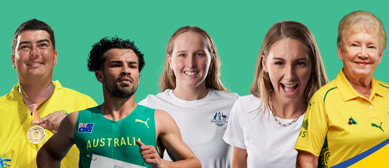 Five Australian athletes who are blind or have low vision pose against a green background, with blue and yellow curved bands across the bottom.
