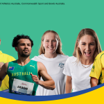 Five Australian athletes who are blind or have low vision pose against a green background, with blue and yellow curved bands across the bottom.