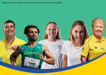Five Australian athletes who are blind or have low vision pose against a green background, with blue and yellow curved bands across the bottom.