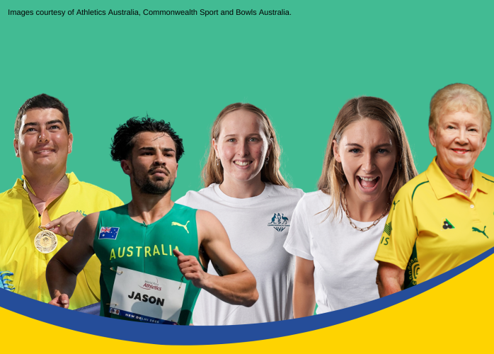 Five Australian athletes who are blind or have low vision pose against a green background, with blue and yellow curved bands across the bottom.